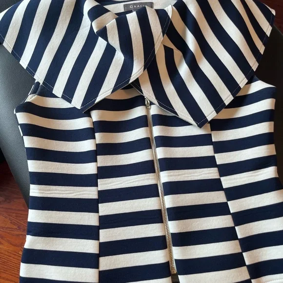 Gracia Navy and White Striped Peplum Top with Statement Collar - Picture 2 of 7